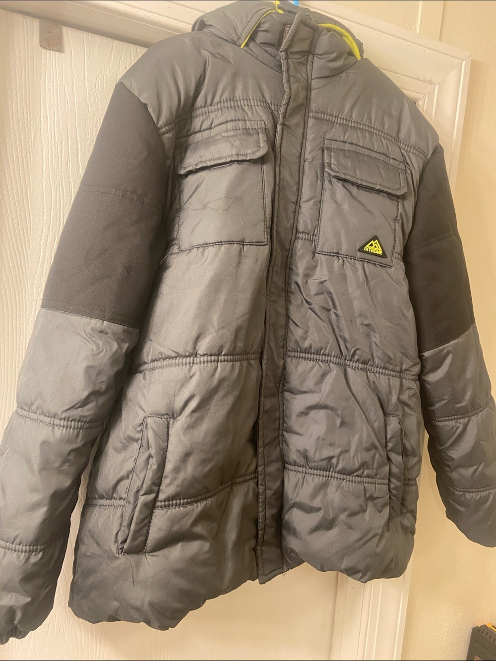 Kids Gray Puffer Jacket with Hood and Reflective Trim